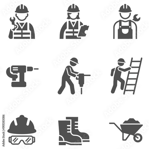Construction workers with tools and safety gear at work sites