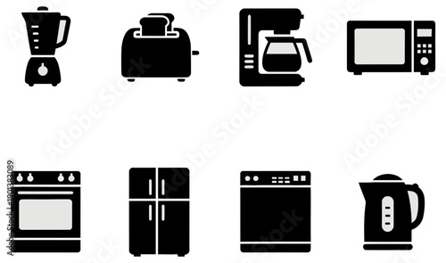 Home Appliance Icon Set: A comprehensive collection of iconic illustrations showcases a suite of essential kitchen appliances.