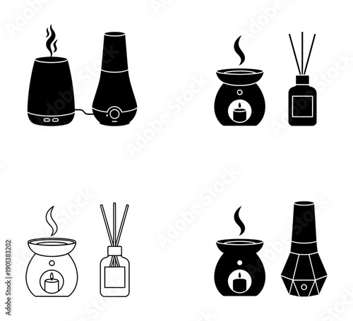 Essential oil diffuser set icons collection