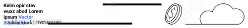 Cloud computing, digital savings, online storage, fintech, data security, and currency. Minimal line cloud and coin with blank text placeholders. Cloud computing and digital savings concept