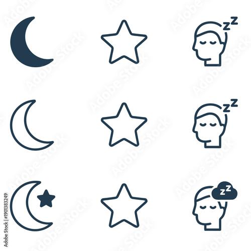 Dreamy night icons with moon, stars, and sleeping heads