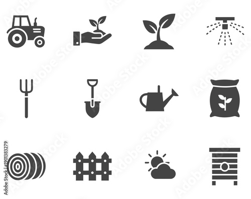 Farm tools and gardening equipment icons for agriculture
