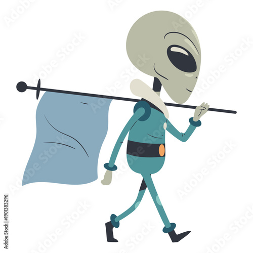 Alien walking with flag character