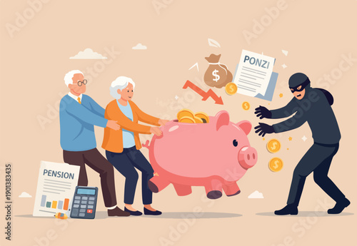 Protect retirement pension money from fraud, ponzi scheme or cost and tax that impact retiree investment fund concept, senior grandparent couple pull back their piggy bank money from thief hand.