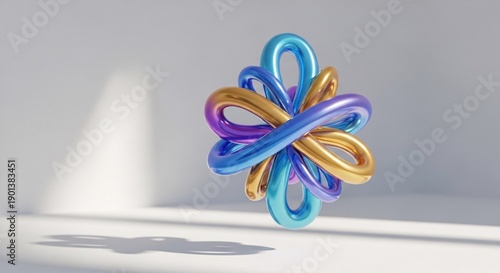 Glossy Intertwined 3D Abstract Loops Floating on Minimal Background