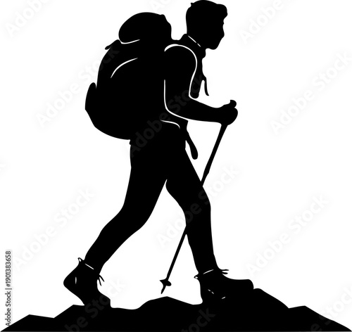 A silhouette of a hiker climbing a mountain with a backpack and trekking poles on transparent background