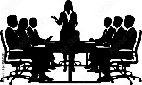 A silhouette of a woman presenting to a group of people sitting around a conference table on transparent background