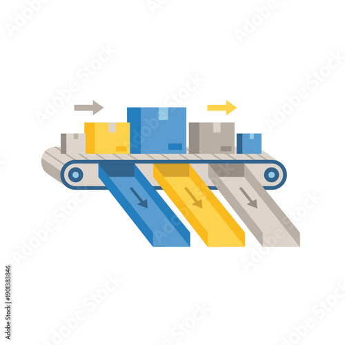 Flat vector illustration of cardboard boxes moving on a conveyor belt with sorting chutes and arrows, isolated on white background, suitable for warehouse logistics, parcel sorting 