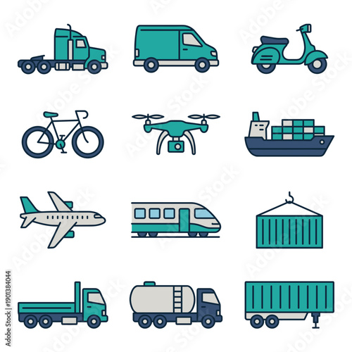 Flat colored line vector illustration set of transportation and delivery vehicles including truck, van, scooter, bicycle, drone, ship, airplane and train, isolated on white background,