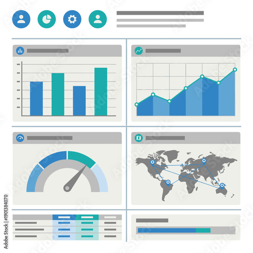 Flat vector illustration of a logistics analytics dashboard with charts, KPI gauges and world map, isolated on white background, suitable for supply chain, delivery tracking and business reporting des