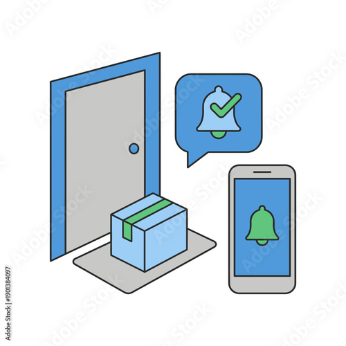 Flat vector illustration of a delivered package at the door with smartphone notification and message bubble, isolated on white background, suitable for parcel tracking, home delivery