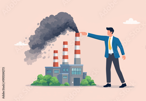 Reduce factory pollution to help stop climate change or global warming, ecology to decrease carbon dioxide and sustainability concept, business leader finger to block, stop or clog factory chimney