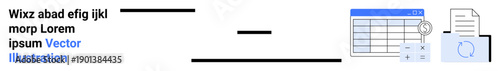 Data management, analysis, financial reporting, organization, documentation, office tools. Spreadsheet table with magnifying glass, files and circular chart. Data management and analysis theme