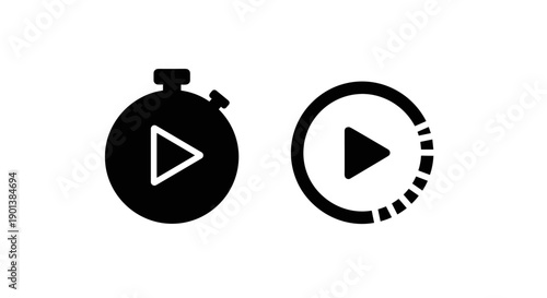 Stopwatch play button icon set for video player countdown and time management ui design isolated on white background