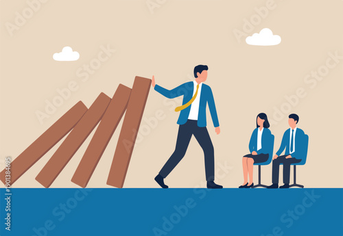 Reliability, trustworthy or skillful leadership protect or solve problem, trust or work responsible, supported partner concept, reliable businessman leader protect domino from collapse on colleagues.