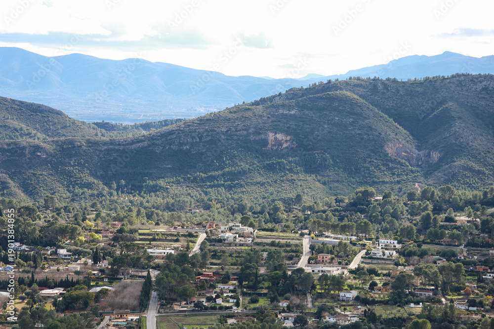 Fototapeta premium Mountain landscape surrounding Xativa city