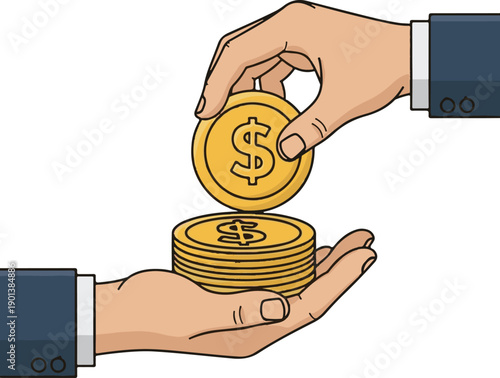Businessman Hand Putting Gold Dollar Coin on Stack: Concept of Savings, Investment, and Financial Growth Vector Illustration