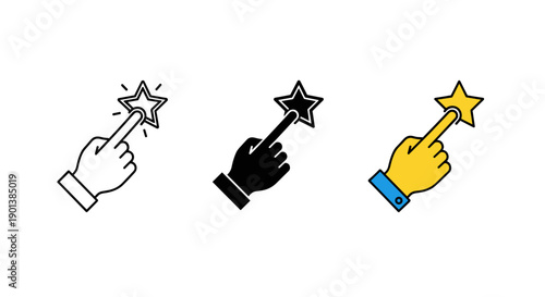 Hand pointing to star with sparkles, magic wand gesture, clicking star icon, hand cursor, interaction, success symbol, achievement, choice symbol