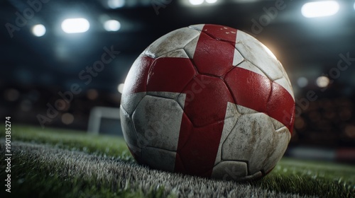 Close up of dirty soccer ball with England flag St George cross texture on grass field at night. English national football team game, premier league or championship concept