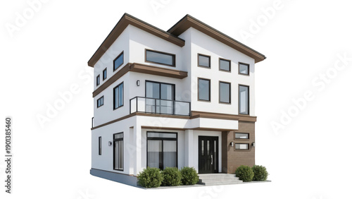 Wallpaper Mural Modern three-story white house with brown trim and roof isolated on transparent background Torontodigital.ca