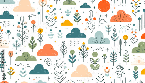 seamless vector pattern with cute trees clouds and flowers in a playful cartoon nature style for spring and summer designs