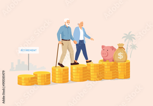 Retirement saving or investment pension fund, planning for wealth and expense for living after retire concept, happy rich elderly couple old man and woman walking on stack growth money coins saving.