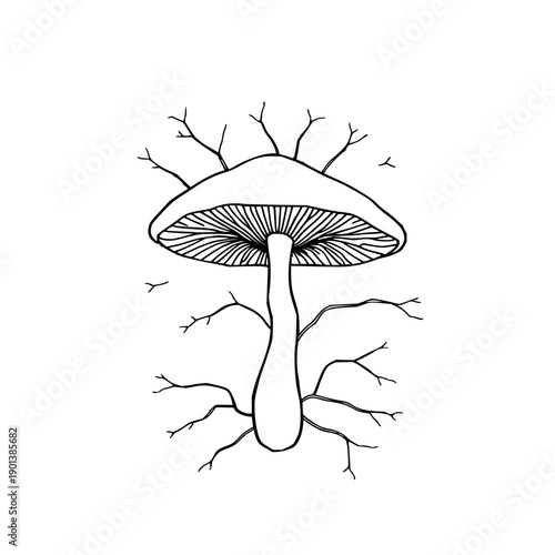 Delicate mycelium network fine line art illustration on a clean white background, capturing the intricate beauty of organic sustainable materials