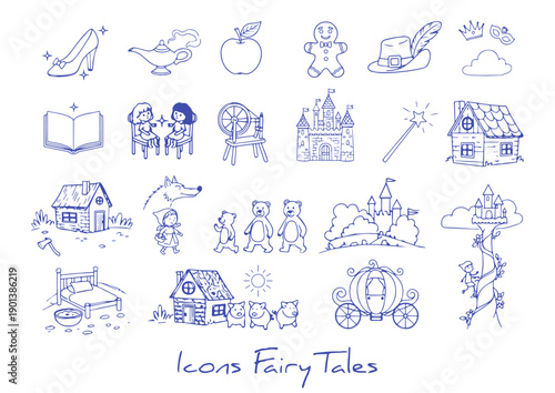 Fairy tale line icons set featuring classic story elements. Hand-drawn outline illustrations inspired by traditional fairy tales isolated on white background