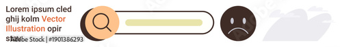 User experience, digital frustration, online search results, no results, minimalism, technology design. A search bar next to a sad face icon. User experience and digital frustration concept