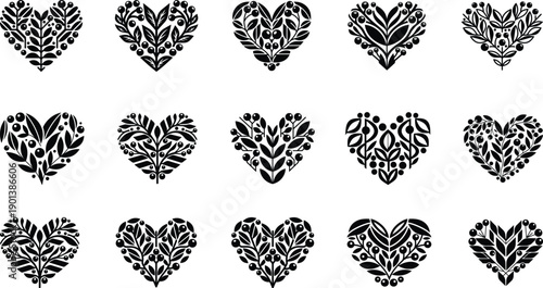Minimalist Scandinavian Heart Love Silhouette Vector Set Symmetrical Botanical Icons with Mid-Century Modern Leaf, Berry Motifs, and Bold Folk Art Floral Graphics