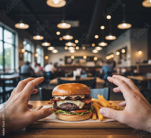 First-Person POV of a Hungry Man Holding a Gourmet Burger in a Cozy Restaurant