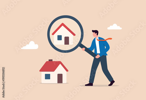 Searching for new house, look for real estate and accommodation valuation or new rent and mortgage concept, smart businessman using magnifying glass zooming to see house or residential details.