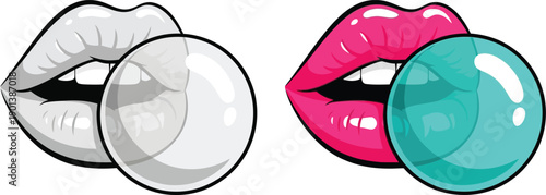 Pink Lips Blowing Bubble Gum Vector, Mouth Blowing Bubble Gum with a Pop, Pop Art Lips with Bubble Gum, Minimal Fashion Icon Vector Illustration