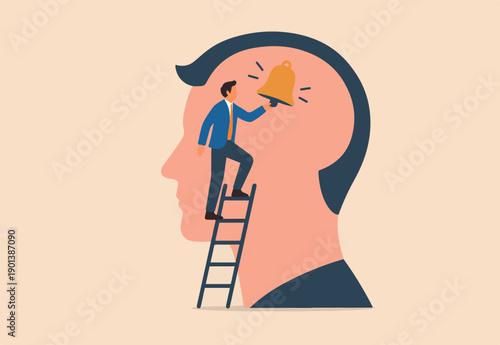 Self awareness, psychological state in individuality of behavior or feeling, self acceptance or personality concept, a man ringing the bell in his self brain head metaphor of awareness of his exist
