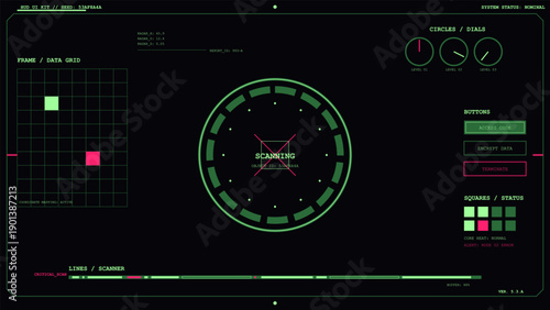 Futuristic heads up display interface with data grid, scanning indicator, and status panels