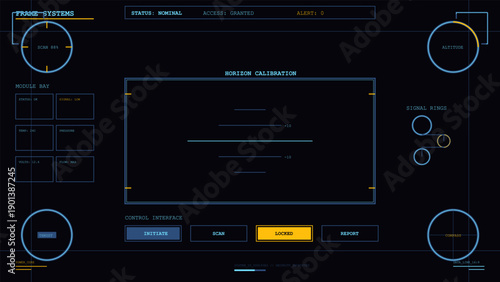 Futuristic heads-up display interface with system status, module data, and horizon calibration