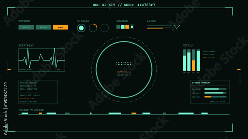 Futuristic heads up display interface with vital signs and system data monitoring