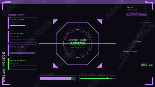 Futuristic dark user interface displaying system core status and trajectory analytics data
