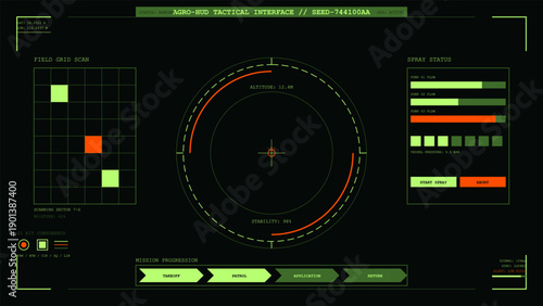 Futuristic tactical display screen showing agricultural field grid scan and mission status