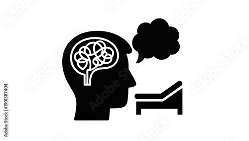 Silhouette of Head with Tangled Brain and Therapy Couch Icon