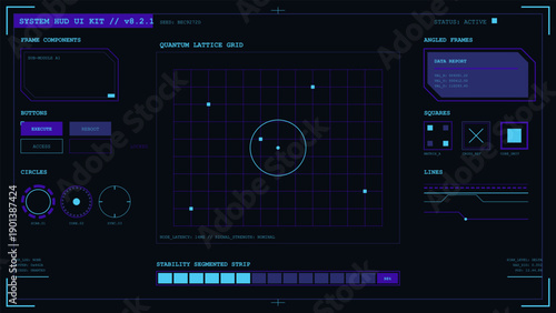 Futuristic heads up display system interface kit with quantum lattice grid and data readouts
