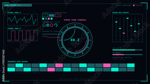 Futuristic digital interface display with signal feeds, frequency meter, mixer output, and sequence step blocks