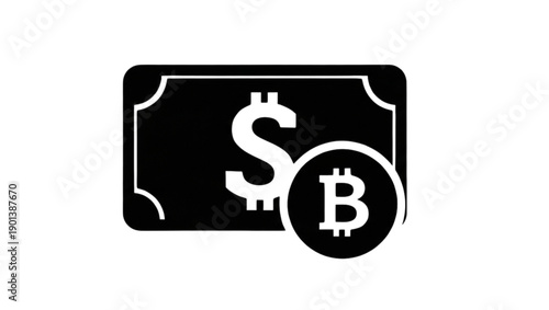 Black And White Icon Of Dollar Bill And Bitcoin Symbol