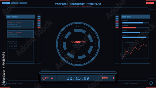 Dark high-tech tactical broadcast interface displaying team status, stats, and scanning objective data