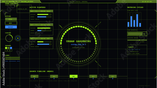 Futuristic heads-up display showing urban gardening system data and active planter status