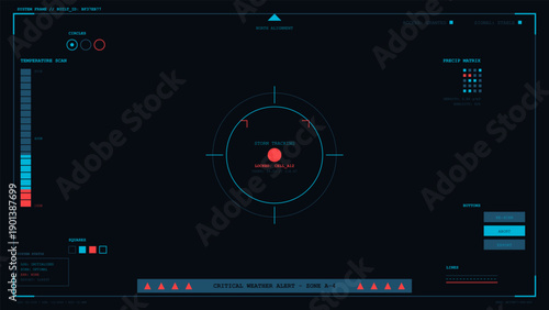Futuristic weather monitoring system interface with storm tracking and critical alert display