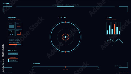 Dark futuristic user interface display showing spectral analysis and system status data