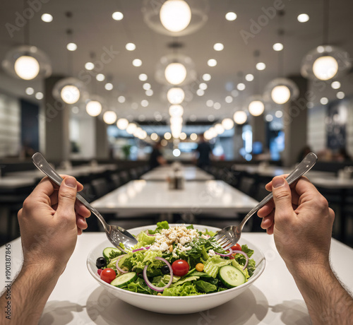 POV First-Person View of Hands Holding Spoon and Fork Over Fresh Salad Plate in Modern Pizza Restaurant