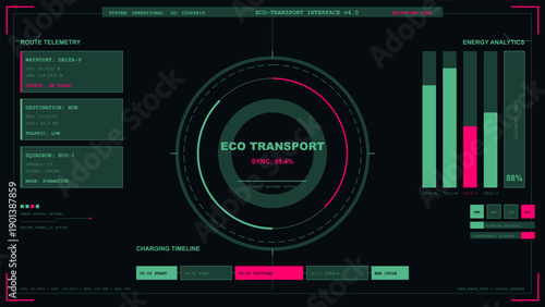 Futuristic Eco-Transport System Interface with Route Telemetry and Energy Analytics Display