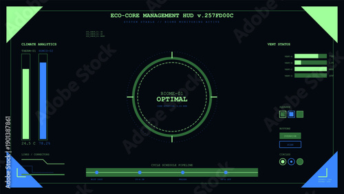 Futuristic eco-core management system dashboard with climate analytics and biome monitoring display